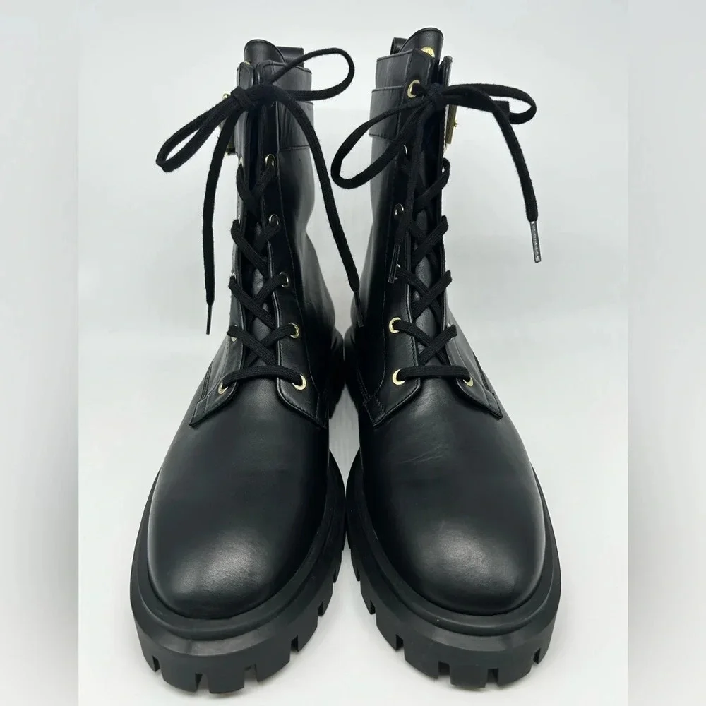 Stuart Weitzman Ultra Lug Black Combat boots Gold Buckles  size 10.5  new